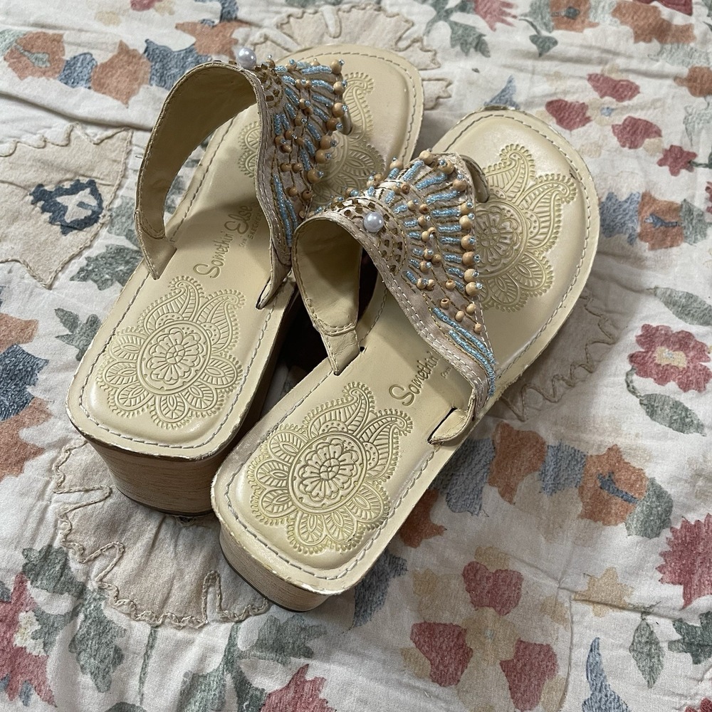 Vtg Skechers Women's Somethin' Else Jaunt Beaded Wedge Thong 7 Sandals Y2K Beach - Picture 6 of 7